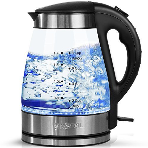 CMWK-150G Upgraded Version Cusimax 1.7L BPA-free Glass Electric Kettle Glass Tea Kettle LED Light Cordless Water Kettle with Auto Shut-off & Boil-dry Protection