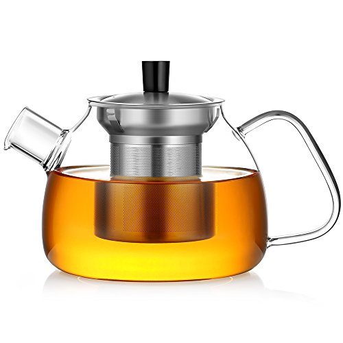 Glass Tea Pot with Bamboo Lid & SUS304 Stainless Steel Tea Infuser Filter 34oz Stovetop Safe Tea Kettle for Loose Leaf Tea,Teabags 