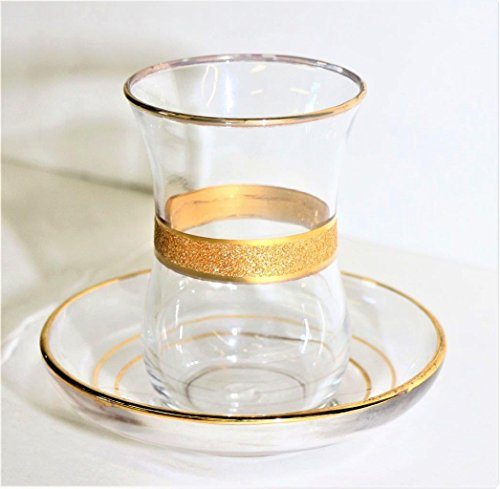 Turkish Tea Glass Set of 6 Cups with Matching Saucers Gold 