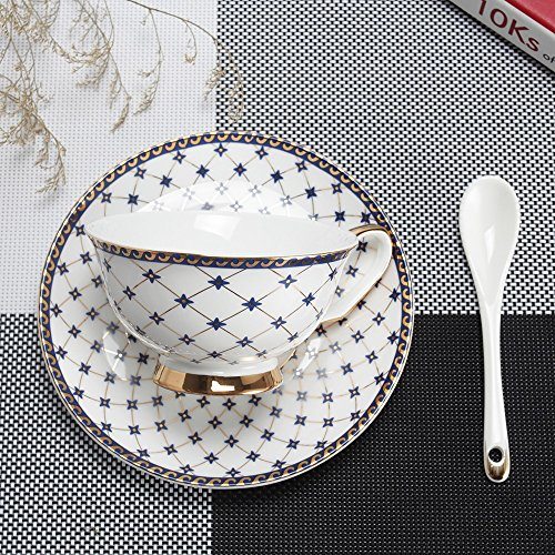 Porlien Exquisite Royal Blue Teacup and Saucer Set with Spoon-6.7Oz Gift Box Packing Gold Trimmed Porcelain