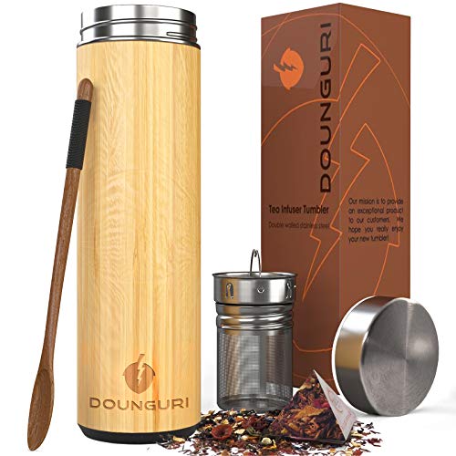 DOUNGURI Bamboo Tea Tumbler Thermos with Strainer Infuser 18oz Vacuum Insulated Stainless Steel Travel Mug with Filter for Loose Leaf/Coffee Travel Bottle/Hot and Cold Water/Leak Proof