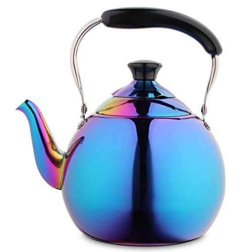 Onlycooker Whistling Tea Kettle Stainless Steel Stovetop Teakettle Sturdy Teapot for Tea Coffee Fast Boiling with Infuser Color Rainbow Mirror Finish 2 Liter 2.1 Quart