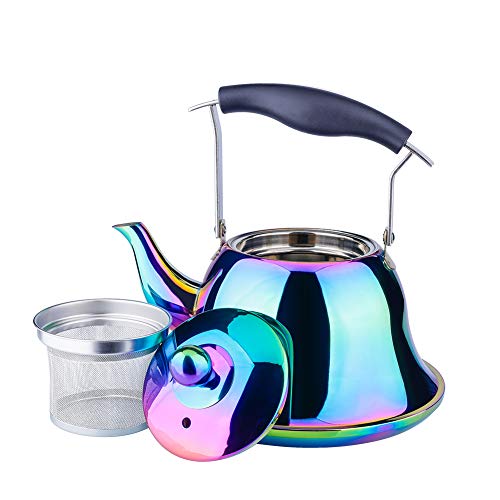 OMGard Tea Kettle with Infuser Loose Leaf Rainbow Teapot 2 Liter Tea Coffee Pot Stainless Steel Strainer Colorful Teakettle for Stovetop Induction Stove Top Boiling Water Camping 2 Quart 68 Ounce 