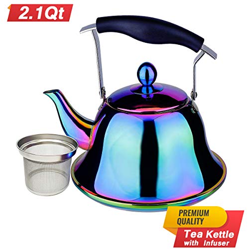 Onlycooker Whistling Tea Kettle Stainless Steel Stovetop Teakettle Sturdy Teapot for Tea Coffee Fast Boiling with Infuser Color Gold Mirror Finish 2 Liter 2.1 Quart 