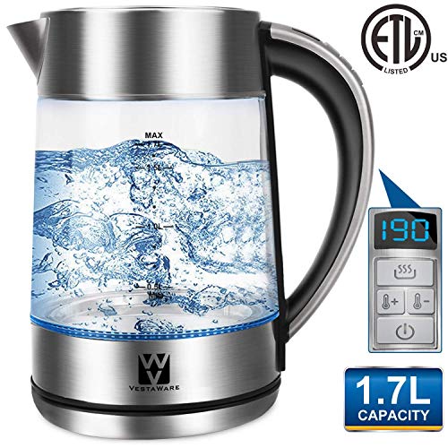 Vestaware Electric Kettle Glass Temperature Control 1.7L Tea Kettle Cordless with LED Blue Light Water Kettle Electric with Auto Shut-Off Keep-Warm Function 