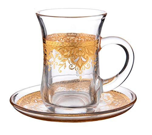 Cup & Saucer Set Turkish Tea Coffee Glass Gold Color Design 12 Pieces Gold 3 