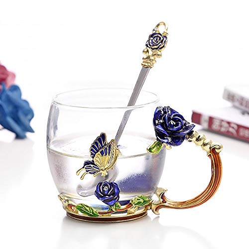 Rose-Blue-Tall ONEPENG Tea Cups with Spoon Glass Coffee Mugs Enamel Handmade Unique Butterfly Rose Flower For Women Valentines Day Birthday Presents Decoration Wedding Gift 
