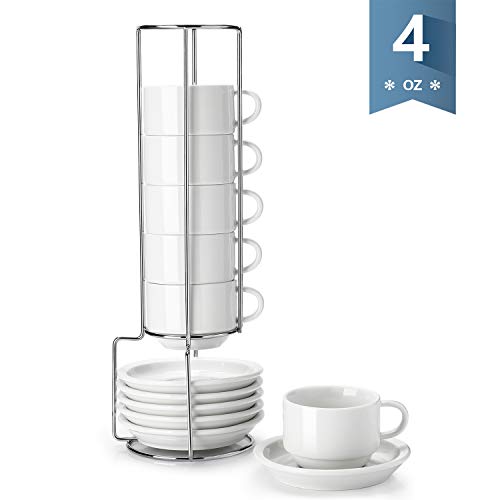 Latte Cafe Mocha and Tea Set of 6 2.5 Ounce for Specialty Coffee Drinks Cold Assorted Colors Sweese 4312 Porcelain Stackable Espresso Cups with Saucers and Metal Stand 