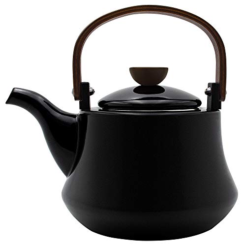 Ceramic Tea Pot,AIDEA Enameled Teakettles Stovetop 1.8 Quart with Wooden Handles,Enamel-on-Steel Teapots Kitchen Large PorcelainTea Kettle-Black 