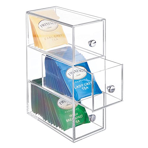 Creamers Cabinet Sugar Packets Sweeteners Drink Pods -18 Sections Clear Tea mDesign Plastic Kitchen Pantry Countertop Organizer Storage Station with 3 Drawers for Coffee 