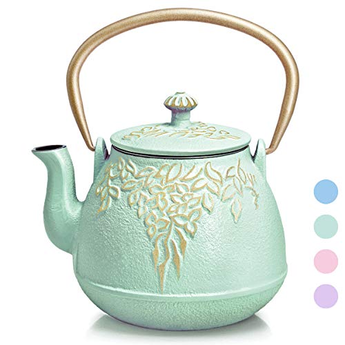 Stovetop Safe Cast Iron Tea Kettle Wave Design Cast Iron Teapot Coated with Enameled Interior for 22 oz 650 ml Tea Kettle TOPTIER Japanese Cast Iron Tea Kettle with Infuser Turquoise Blue 