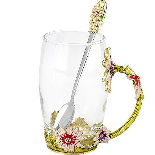 COAWG Enamel Flower Tea Cup Large Glass Mug with Spoon Crystal Clear Glass Cups, 