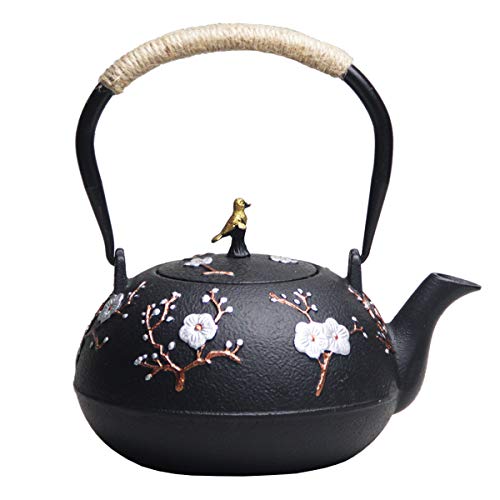 34 Ounce Floral Design Japanese Style Cast Iron Teapot With Thickened Glass Enamel and Stainless Steel Infuser With Trivet  Wood Lid Holder 